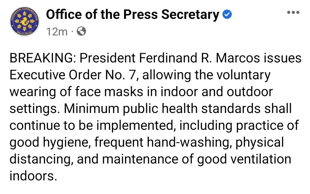 BREAKING: President Marcos Jr. issues executive order allowing voluntary wearing of face masks in indoor and outdoor settings.