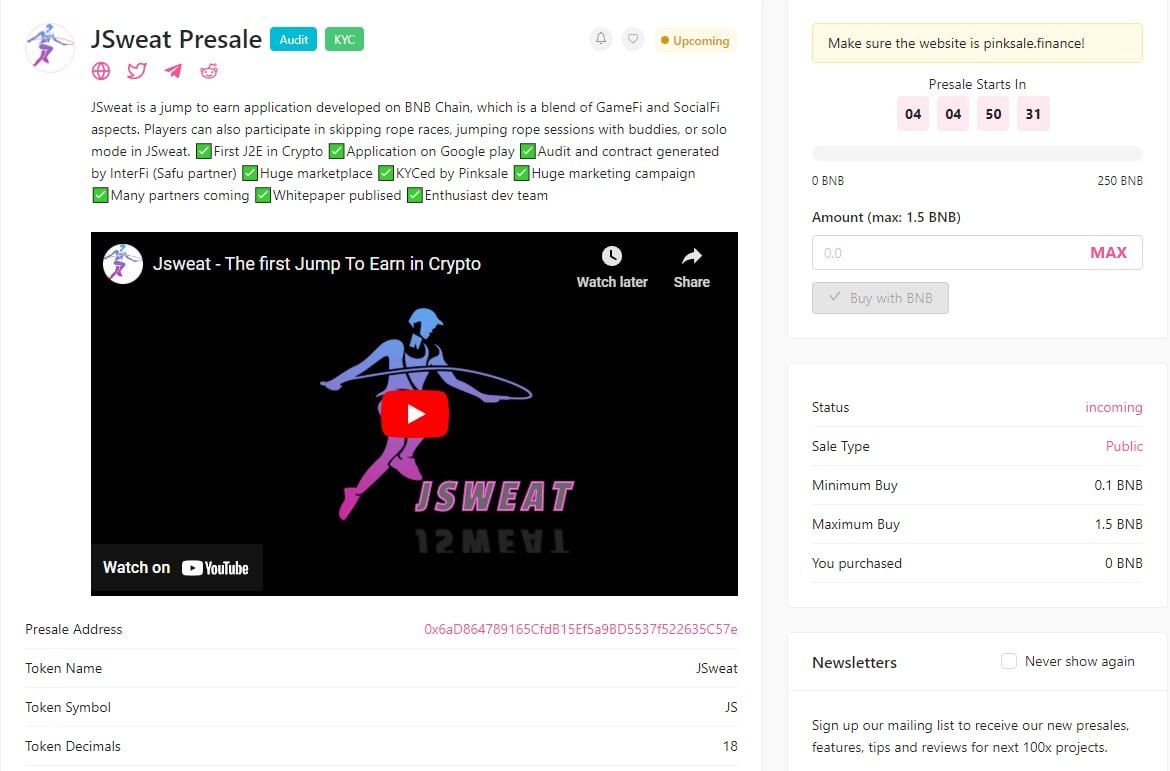 Jsweat_app's tweet photo. JSWEAT PUBLIC PRESALE🚀🚀🚀
🔥Presale Start Time:
2022.11.01 15:00 - 2022.11.02 15:00 (UTC)
🎯Link: https://t.co/TeRaZRgw9D
#Jsweat #J2E #presale #JS #pinksale https://t.co/NFzqxxV1kn