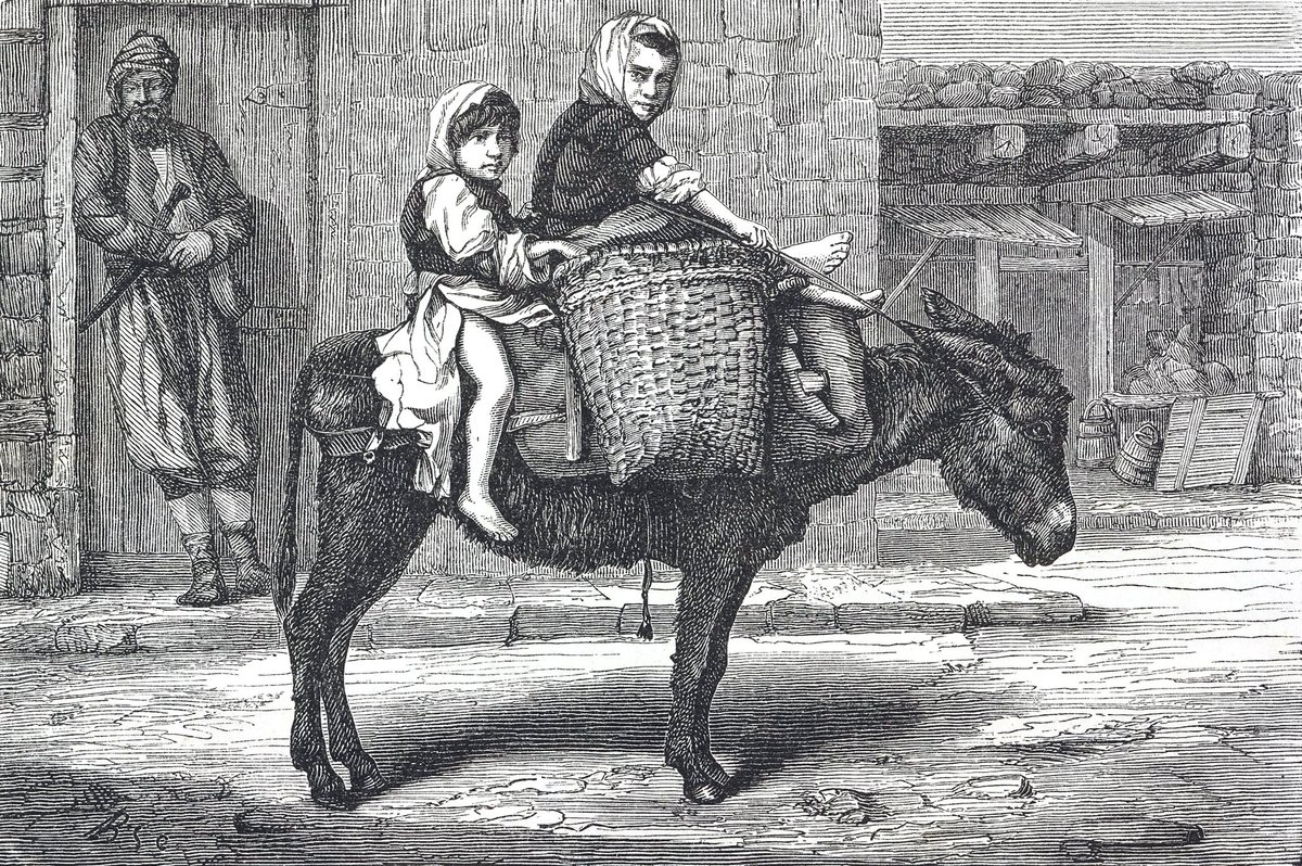thisistrabzon's tweet photo. 1869 | Trabzon
Fransız ressam Théophile-Louis Deyrolle'ün "Trabzon'da eşek üzerinde pazardan dönen  anne ve çocuk" gravürü. https://t.co/MGvBqVMfvq
