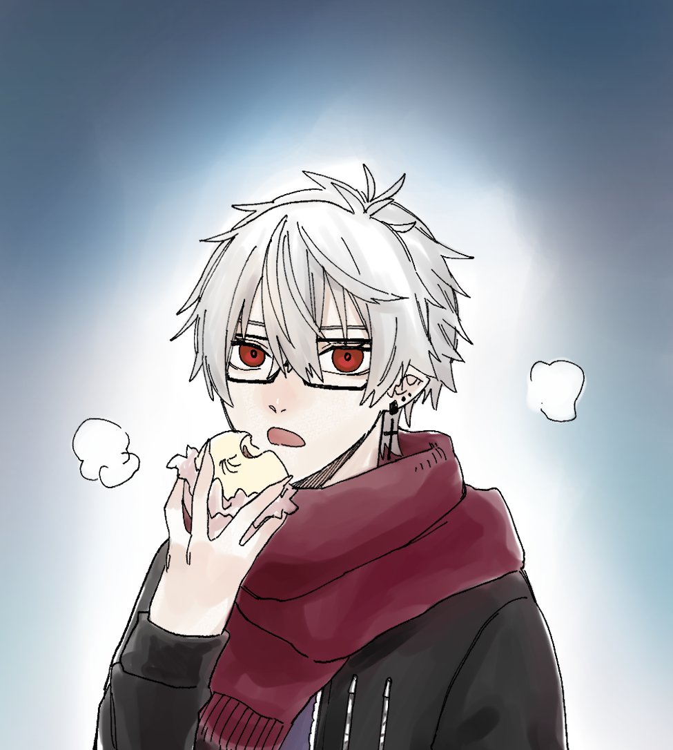 kuzuha (nijisanji) 1boy male focus red eyes solo pointy ears food hair between eyes  illustration images