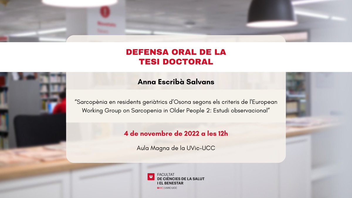 📢Defensa Oral de la Tesi Doctoral de la professora Anna Escribà Salvans, dins el programa de doctorat: Cures Integrals i Serveis de Salut🙌 🗓️04/11/2022 🕐12:00 h 📍Aula Magna Més informació⬇️
