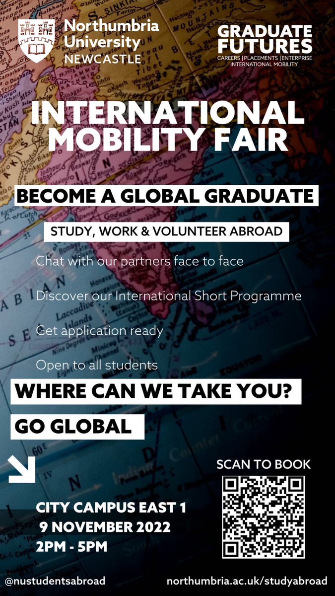 StudyAbroadNU's tweet photo. Stand out from the crowd and become a global graduate from Northumbria University. Come along to our International Mobility Fair on the 9th November at CCE to discover what international opportunities await for you across the globe. #studyabroad #international #northumbria https://t.co/3bBlDxDhfa
