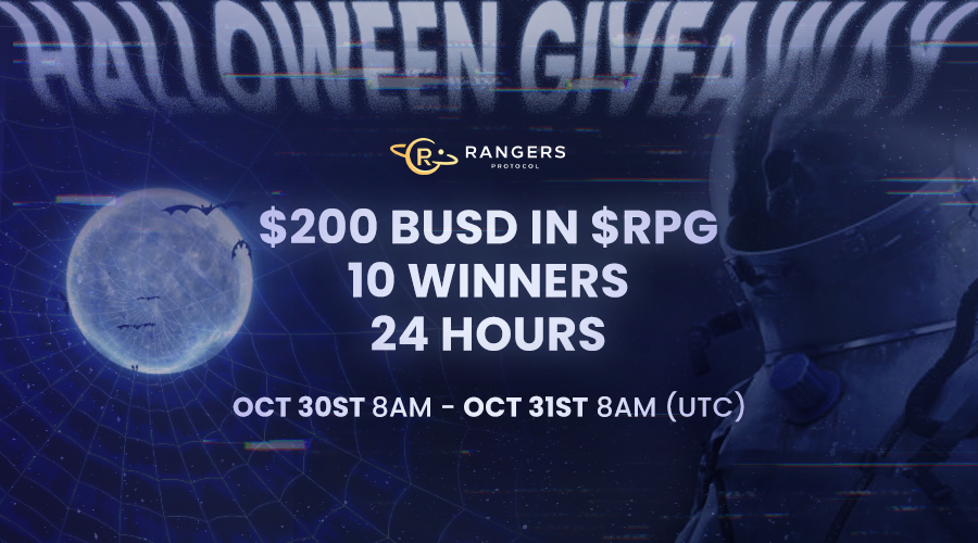 RangersProtocol's tweet photo. 🎃Halloween Giveaway🎃
 
The spooky season is coming! Rangers Protocol is having #Halloween #Airdrops
 
🎁200 $BUSD (in $RPG)
⏳24H
 
✅Follow @RangersProtocol
✅Like &amp; RT
✅Tag #Web3Engine
 
FYI, more events are coming on TG: https://t.co/NbifUptf6C
Get spooked &amp; have fun👻 https://t.co/Ae8kTksoNY