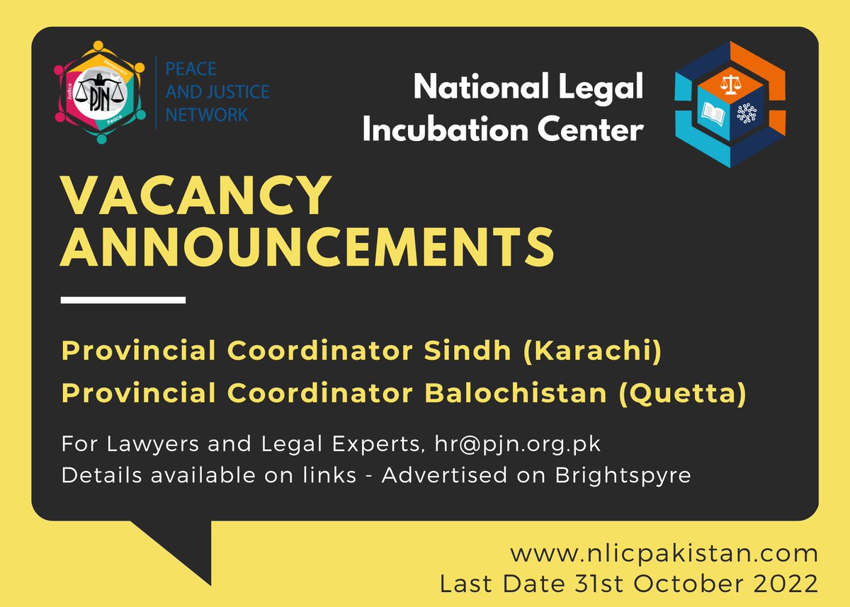 The National Legal Incubation Center - NLIC, an initiative of Peace &amp; Justice Network supported by the US Mission Pakistan has announced the following positions for Law School Incubator Program:
Balochistan (Quetta) resume.brightspyre.com/jobs/ywnb_IGsU…
Sindh (Karachi) resume.brightspyre.com/jobs/ywnb_IGsU…