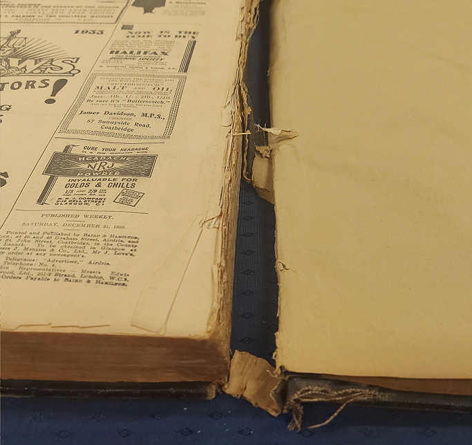 NL_Heritage's tweet photo. Bringing back this #ConservationNightmare for Halloween. Not the worst, but this volume of the 1932 Airdrie & Coatbridge Advertiser is very fragile, with torn pages + a ripped spine. To prevent further damage, we advise readers to view a microfilm copy instead #ExploreYourArchive https://t.co/tIbkZLOn85