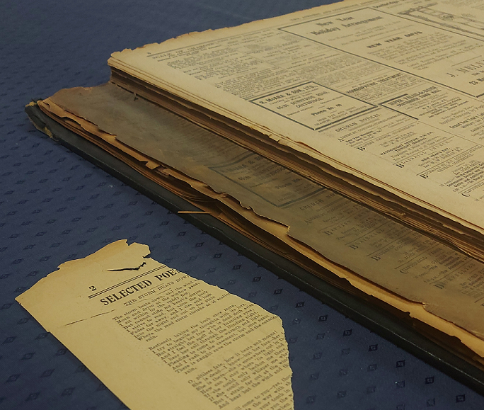 NL_Heritage's tweet photo. Bringing back this #ConservationNightmare for Halloween. Not the worst, but this volume of the 1932 Airdrie & Coatbridge Advertiser is very fragile, with torn pages + a ripped spine. To prevent further damage, we advise readers to view a microfilm copy instead #ExploreYourArchive https://t.co/tIbkZLOn85