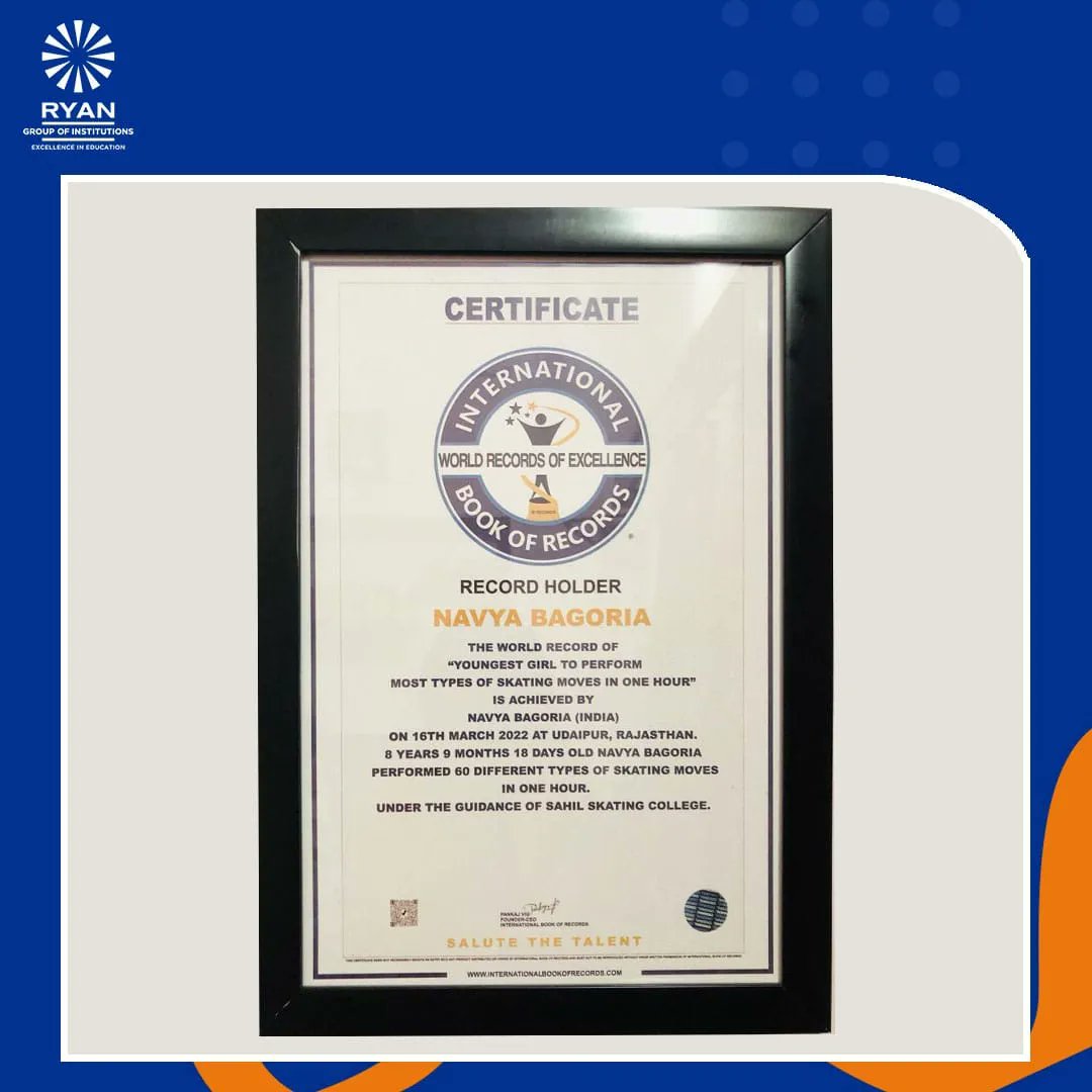 RyanIntlGrp's tweet photo. Well-done Navya! #Ryanite Navya Bhagoria of Class 4 from��#RyanInternationalSchool, Udaipur etched her name in the International Book of Records by performing 60 #Skating moves in 1 hour. 
We are immensely proud of her achievement. https://t.co/SplMzMjHit