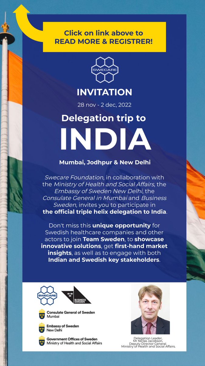 WILL YOU JOIN US TO INDIA?✈️🌎Register now: lnkd.in/dGyaQ_sc Healthcare Delegation Trip to India, Nov 28 - Dec 02, 2022 (Mumbai, Jodhpur & New Delhi). In collaboration with @socialdep @SwedeninIndia @SwedeninMumbai and @BusinessSweden.