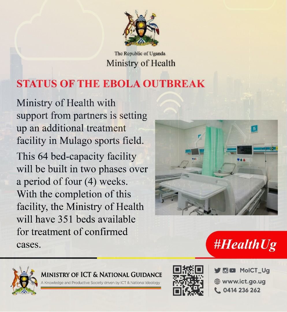 Due to the increasing cases of Ebola in the Country, @GovUganda thru Ministry of @MinofHealthUG is setting up additional 64 bed-capacity treatment facility in Mulago sports ground. @JaneRuth_Aceng @KagutaMuseveni @UgandaMediaCent @MosesWatasa @azawedde @EdwardGEN256 #HealthUg