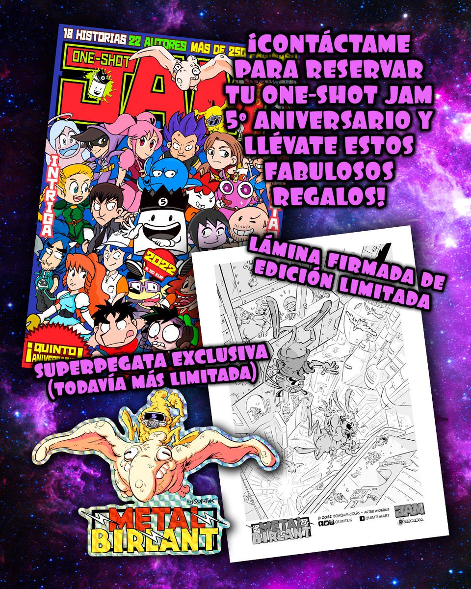 quimtuk's tweet image. ¡Coleguis! ¡Que ya llega la @OneshotJam 2022, celebrando el 5º aniversario por todo lo alto con un ladrillo de páginas repletas de historietas flipantes! ¡El número más ESPECTACULAR hasta la fecha! Fabulosamente editada por @Rockmedia_bcn, cómo no.
