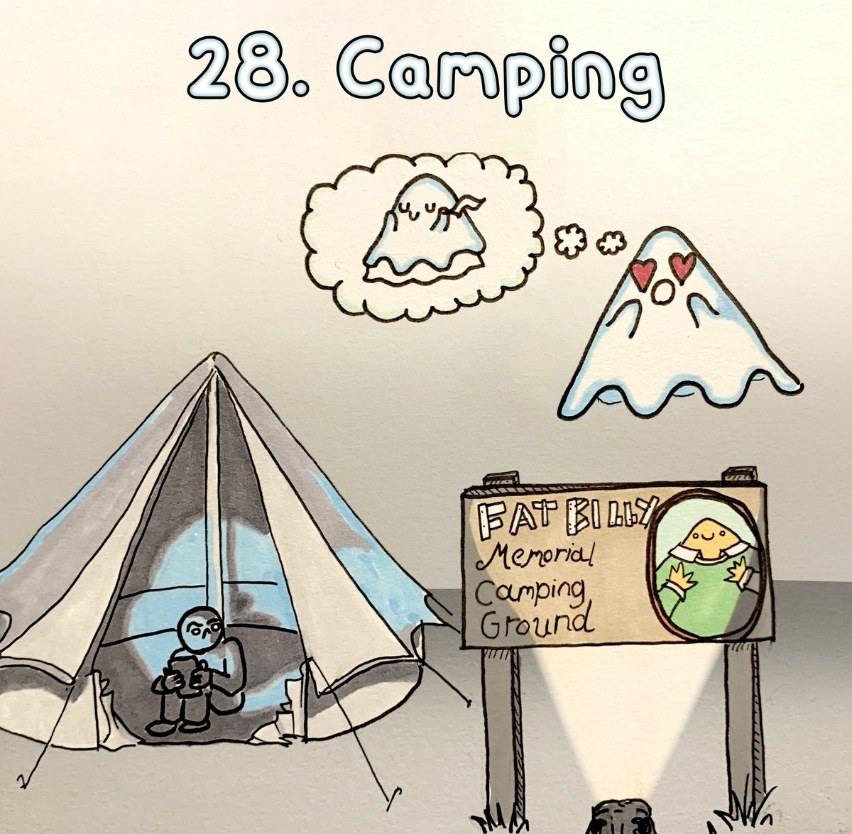 #Inktober Day 28: #Camping 

#inktober2022 #inktoberday28 #inktober2022Camping #ghost #tent #camp #campingground #memorial #doodle #drawing #illustration #illustrator #promarker #winsorandnewton