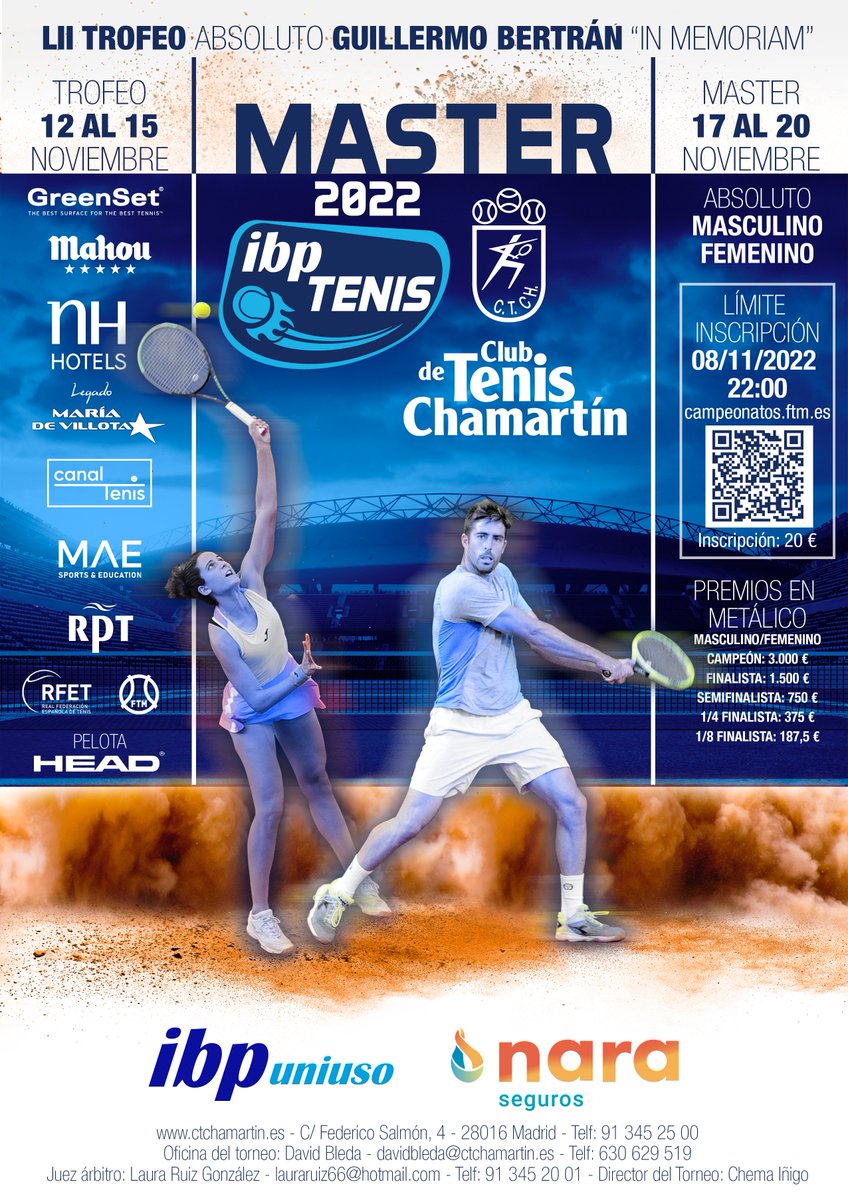 📣El Máster <a href="/IBPTenis/">IBP Tenis</a>  está a punto de llegar como colofón al Circuito IBP Tenis 2022.

📅12 - 20 de noviembre.
📍 CT Chamartín.
💰Dotación económica: 3.000€.

¡Vamos! #tenis