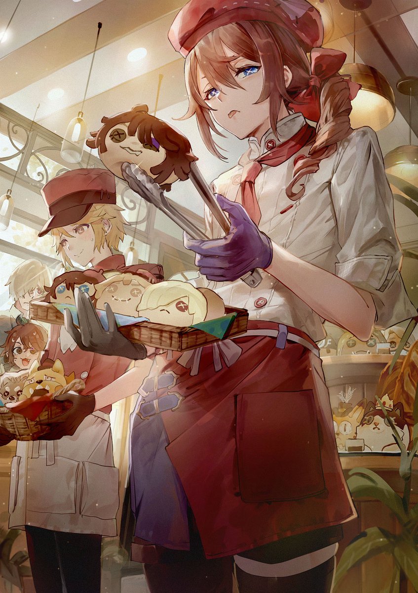 hat blue eyes brown hair multiple girls red headwear indoors apron  illustration images