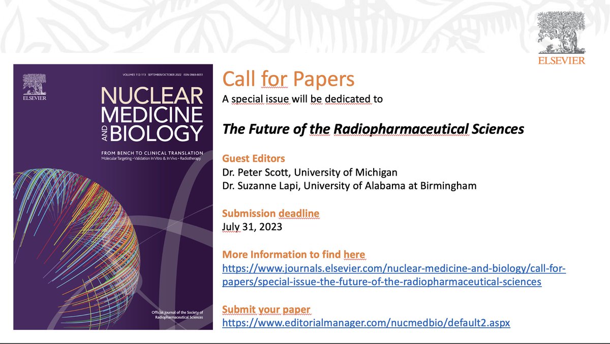 ScottLab (@scott_labum) on Twitter photo Delighted to be working with <a href="/LapiSuzanne/">Suzanne Lapi</a> on a #Special_Issue of @nucmedbio imagining what the future of our field looks like. The call for papers is open now -- please reach out to us with ideas and consider sending your work to the Official Journal of <a href="/SocRadiophSci/">Society of Radiopharmaceutical Sciences (SRS)</a> Delighted to be working with <a href="/LapiSuzanne/">Suzanne Lapi</a> on a #Special_Issue of @nucmedbio imagining what the future of our field looks like. The call for papers is open now -- please reach out to us with ideas and consider sending your work to the Official Journal of <a href="/SocRadiophSci/">Society of Radiopharmaceutical Sciences (SRS)</a>