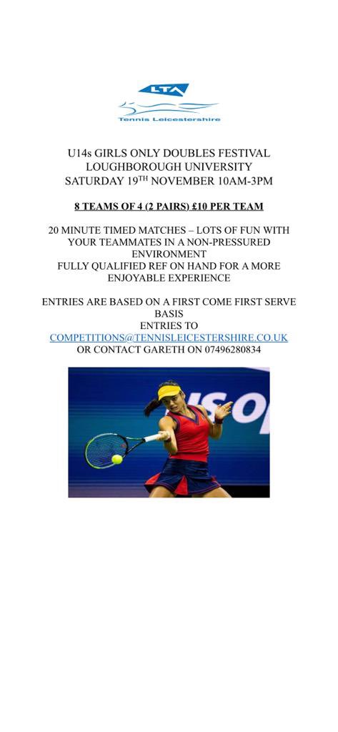 Calling all Leicestershire 🎾 clubs and schools. We are looking for 4 teams to fill the draw. Don’t miss out on this fun filled event.