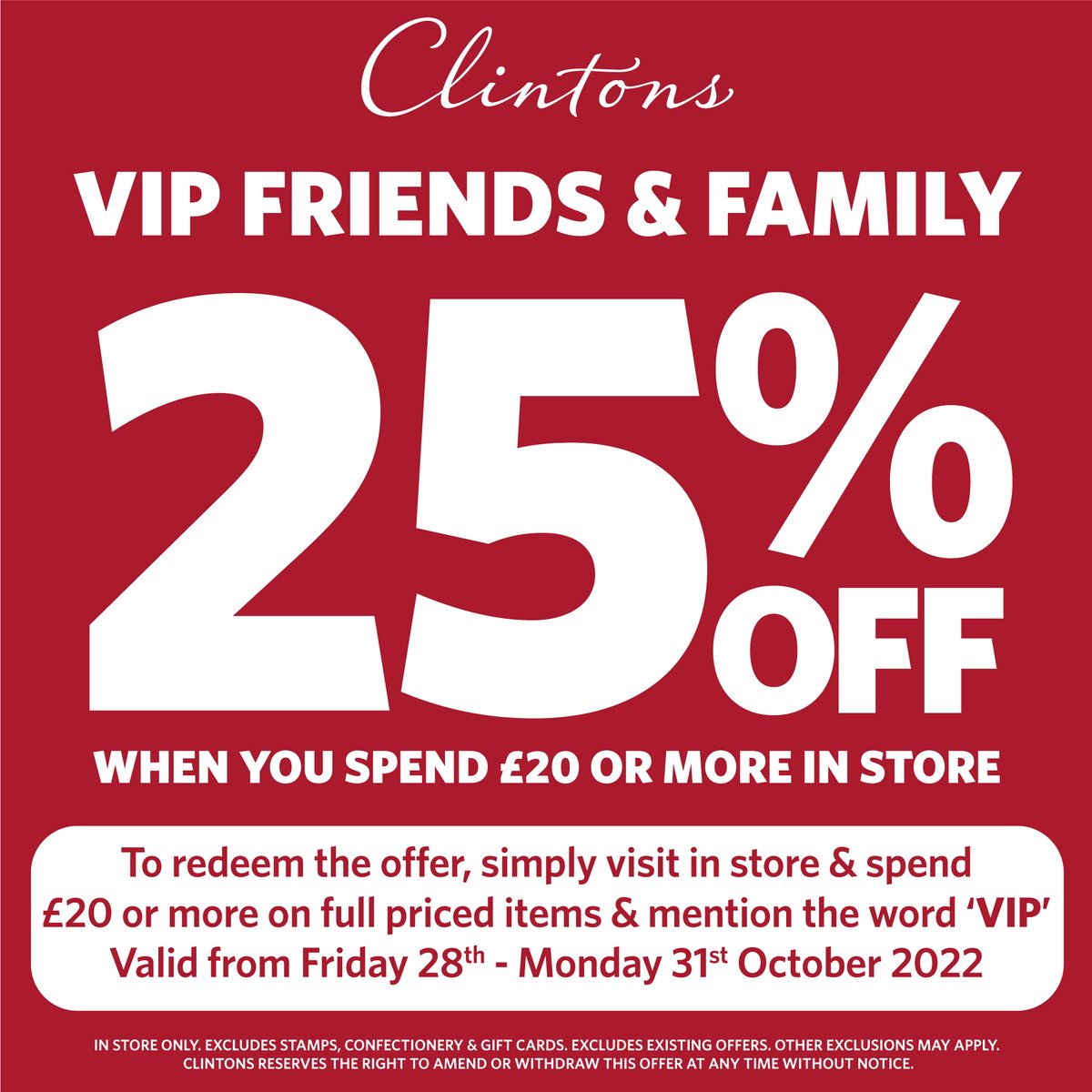 shopelmsleigh's tweet image. From today until Monday the 31st October you can get 25% off at @ClintonsTweet when you spend £20 in store all you have to do is mention the word "VIP"!! 

#ShopElmsleigh #shoplocal #staines #clintons #clintonscards #cards #christmascards #discount #voucher #offer #christmas