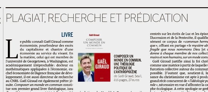 «Travail hybride qui mêle recherche et prédication», le livre de Gaël Giraud (CNRS, jésuite) avait été un temps retiré de la vente en raison de trop nombreux emprunts, avait révélé @lexpress. ⁦@YBousenna⁩ en a trouvé d’autres. A lire dans ⁦@lemondefr⁩ cet après-midi