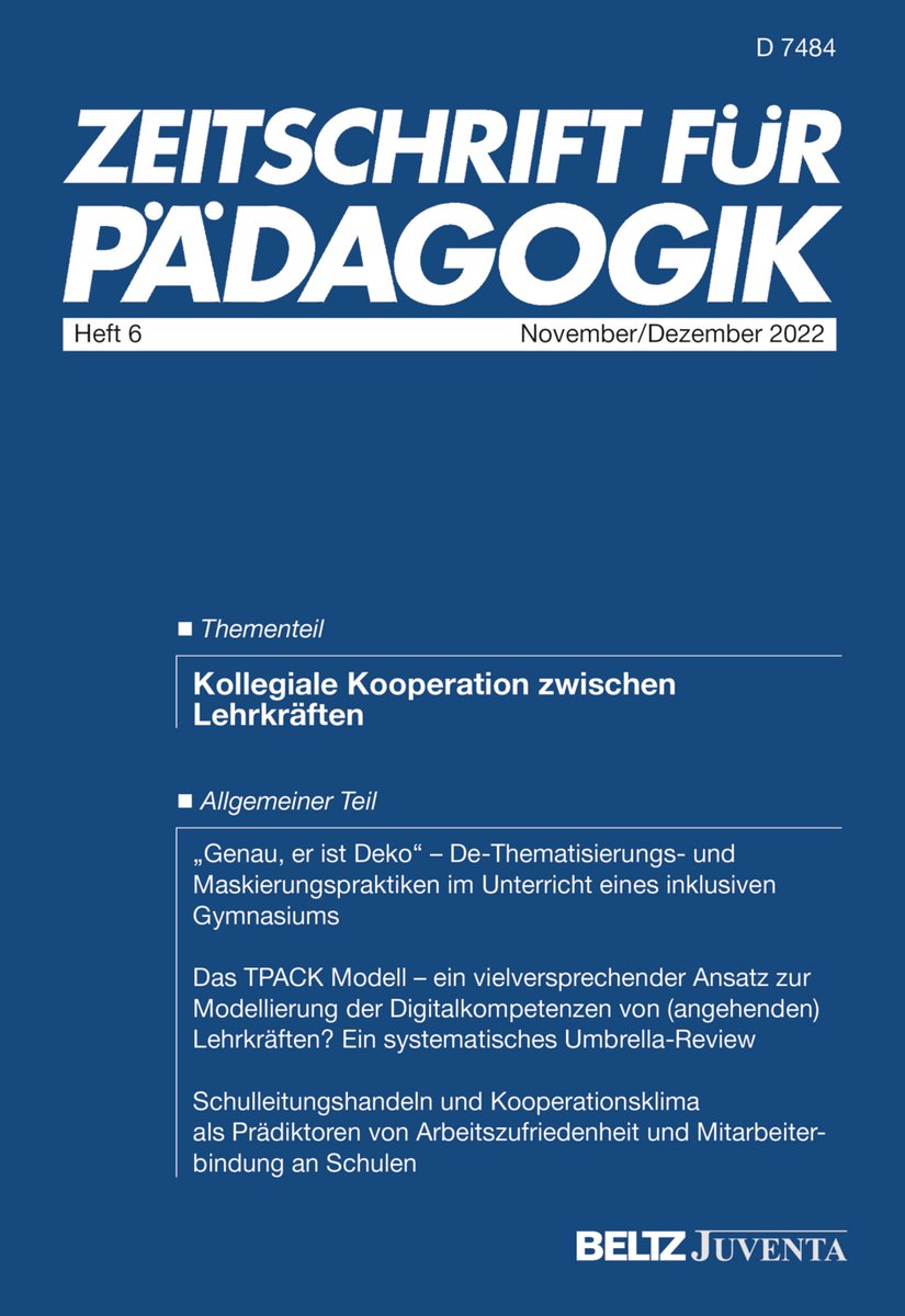 In Kürze erscheint unser Heft 6/22 mit 4 Beiträgen im Thementeil "Kollegiale Kooperation zwischen Lehrkräften", 3 Beiträgen im Allgemeinen Teil und 4 Buchbesprechungen. Die Beiträge aus dem Allgemeinen Teil stehen online bereits zur Verfügung: bit.ly/3f8Thoh