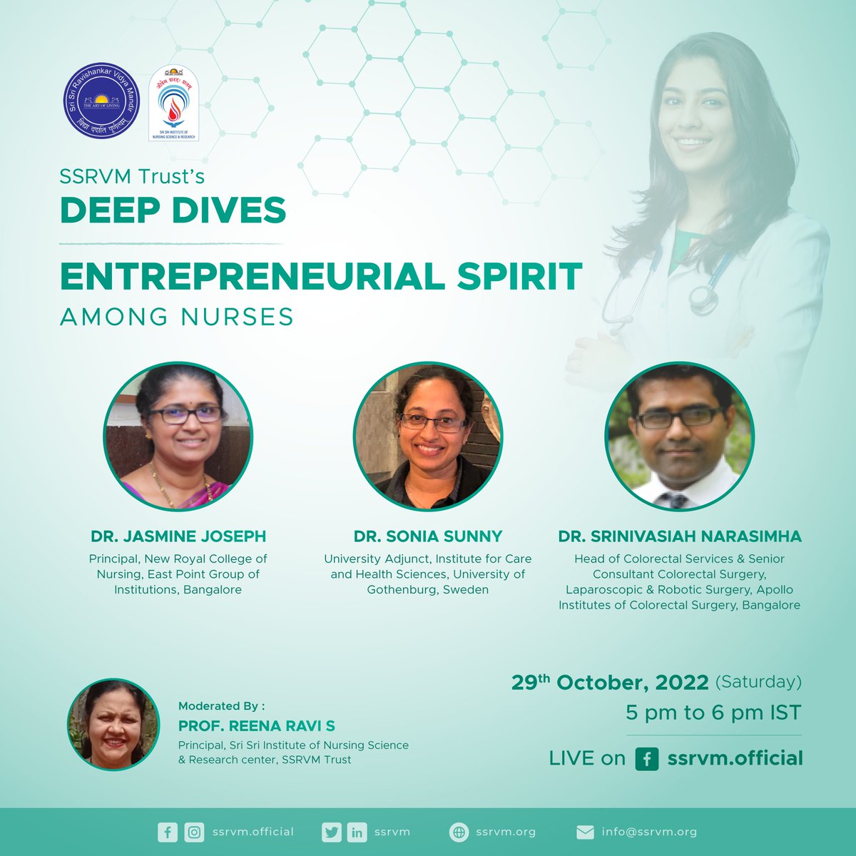 ssrvm's tweet photo. SSRVM invites you to our Deep Dive on 'Entrepreneurial Spirit Among Nurses' with experts - Dr. Jasmine Joseph, Dr. Sonia Sunny & Dr. Srinivasiah Narasimha.
29th October (Saturday), 5 pm IST at https://t.co/mF59j5prlR
#EducationMatters #SSRVMDeepDives #Nurses #entrepreneur https://t.co/ZXjYxUNoYl