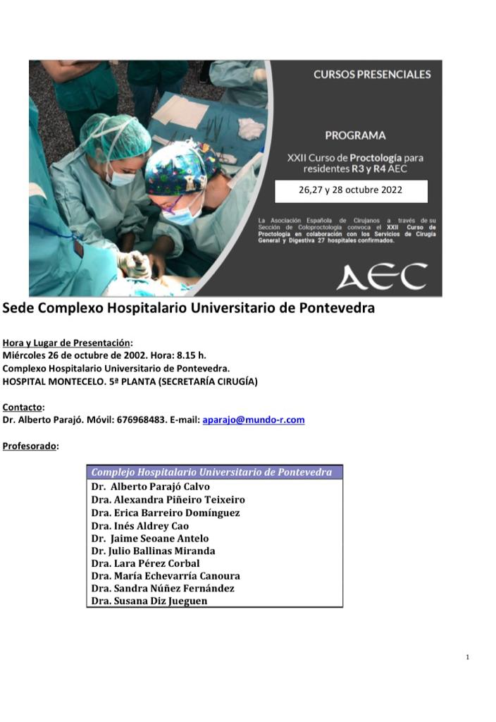 Cirugía Pontevedra (@cgd_pontevedra) on Twitter photo Y un año más termina el curso de #proctologia para residentes de la <a href="/aecirujanos/">aecirujanos</a> <a href="/coloproctoaec/">Coloproctología-AEC</a>, 3 días intensos pero muy provechosos. Nos vemos el año que viene!! Y un año más termina el curso de #proctologia para residentes de la <a href="/aecirujanos/">aecirujanos</a> <a href="/coloproctoaec/">Coloproctología-AEC</a>, 3 días intensos pero muy provechosos. Nos vemos el año que viene!!