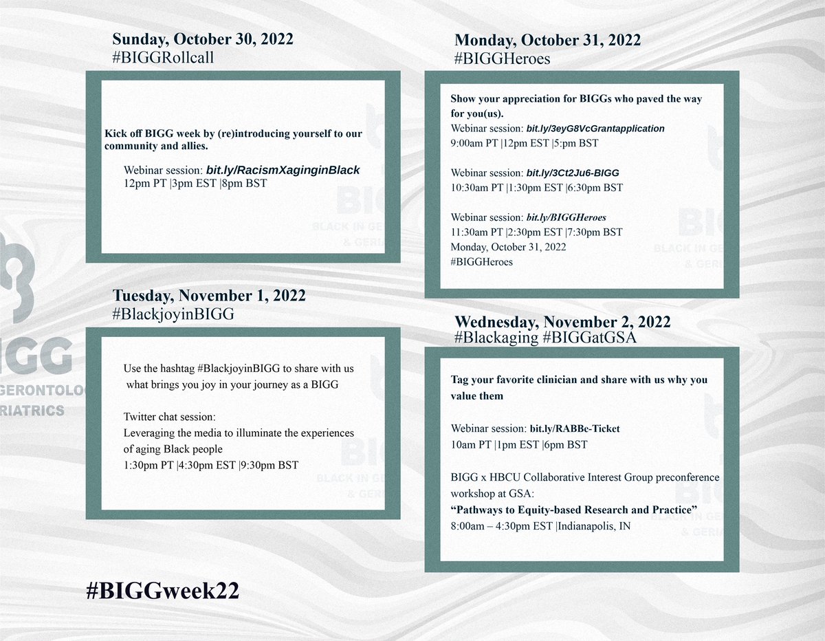 2 days to the start of #BIGGweek22! Check out our agenda and register to attend our webinars. You will not regret it. For more information, visit: blackingeron.org/events/ @DiverseGero @BlackInNeuro @blackinxnetwork @geronsociety @GeriSoc @CanGeriSoc @ASAging @AmerGeriatrics