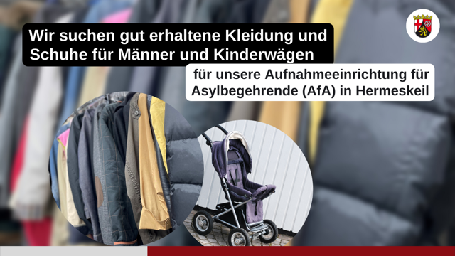 Wir suchen für unsere #Aufnahmeeinrichtung für Asylbegehrende (AfA) in #Hermeskeil gut erhaltene Kleidung und Schuhe für Männer. Es besteht dringender Bedarf an Pullovern, Herbst- &amp; Winterjacken, Gr. S-L, Kinderwägen.
Weitere Infos: 🗞️s.rlp.de/299Is
#RLPNews
