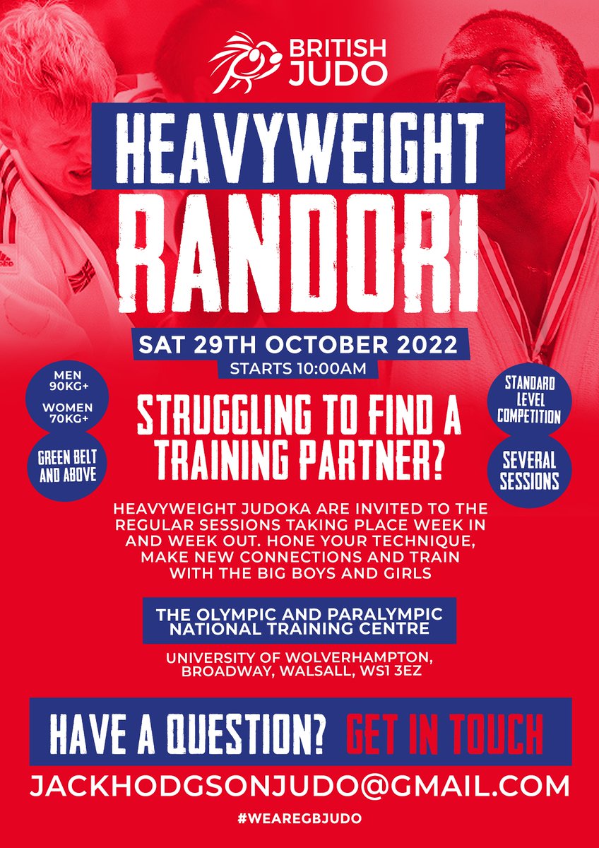 🚨 Don't forget! 🚨

Heavyweight training sessions begin at 10 AM tomorrow at The Olympic and Paralympic National Training Centre!

📆29/10/2022
📍University of Wolverhampton, Broadway, Walsall, WS1 3EZ

#WeAreGBJudo #HeavyweightJudo