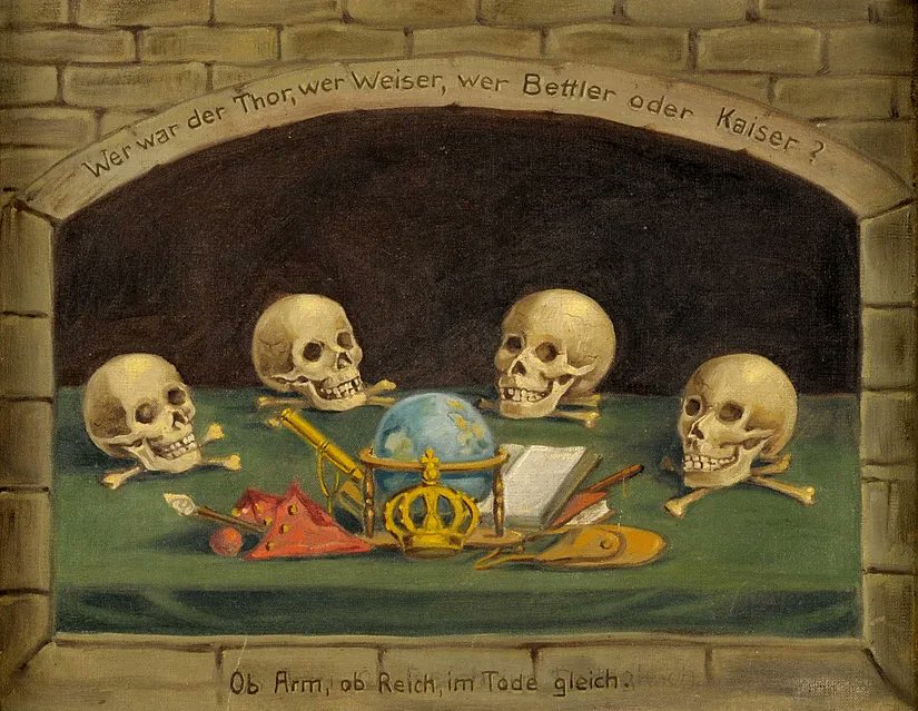FGeorgeRomance's tweet photo. #C18th vanitas inscribed in German: ‘Wer war der Thor, wer Weiser, wer Bettler oder Kaiser? Ob arm, ob reich, im Tode gleich.’

In English: Who was the fool, was the sage, was the beggar or the emperor? Whether poor, or rich, all are equal in death.

#ArtLovers
Artist Unknown https://t.co/idhFXH4fqq