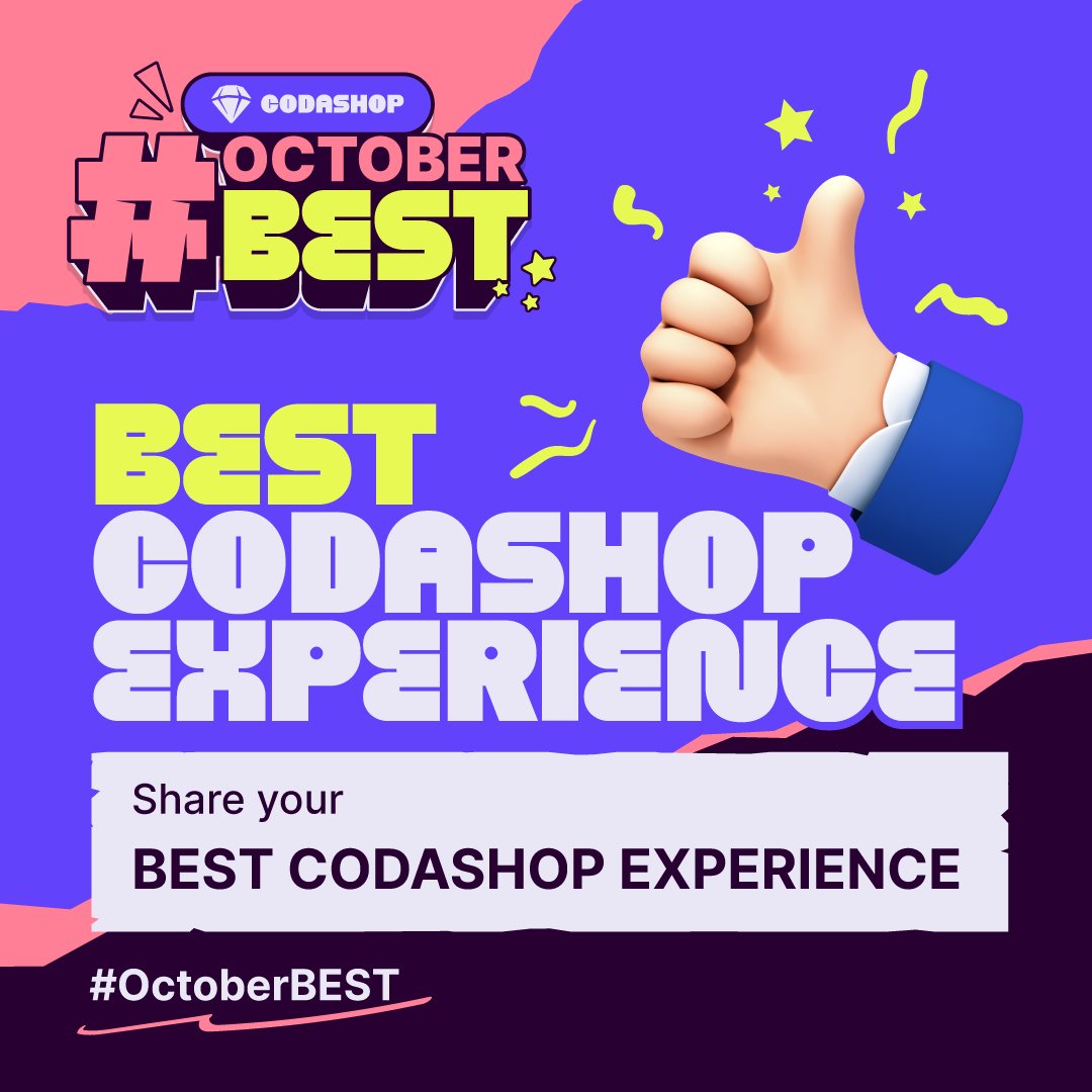 Codashop_ph's tweet photo. Kami naman ang pakiligin niyo! Share you best Codashop Experience mga solid ka-Coda! ๐๐๐
Answer the question to win 200 PHP worth of Codacash Gift Codes! Make sure na nakafollow ka rin sa aming socials para ikaw ay manalo. ๐
#CodashopPH #OctoberBEST https://t.co/8pTS0ezozJ
