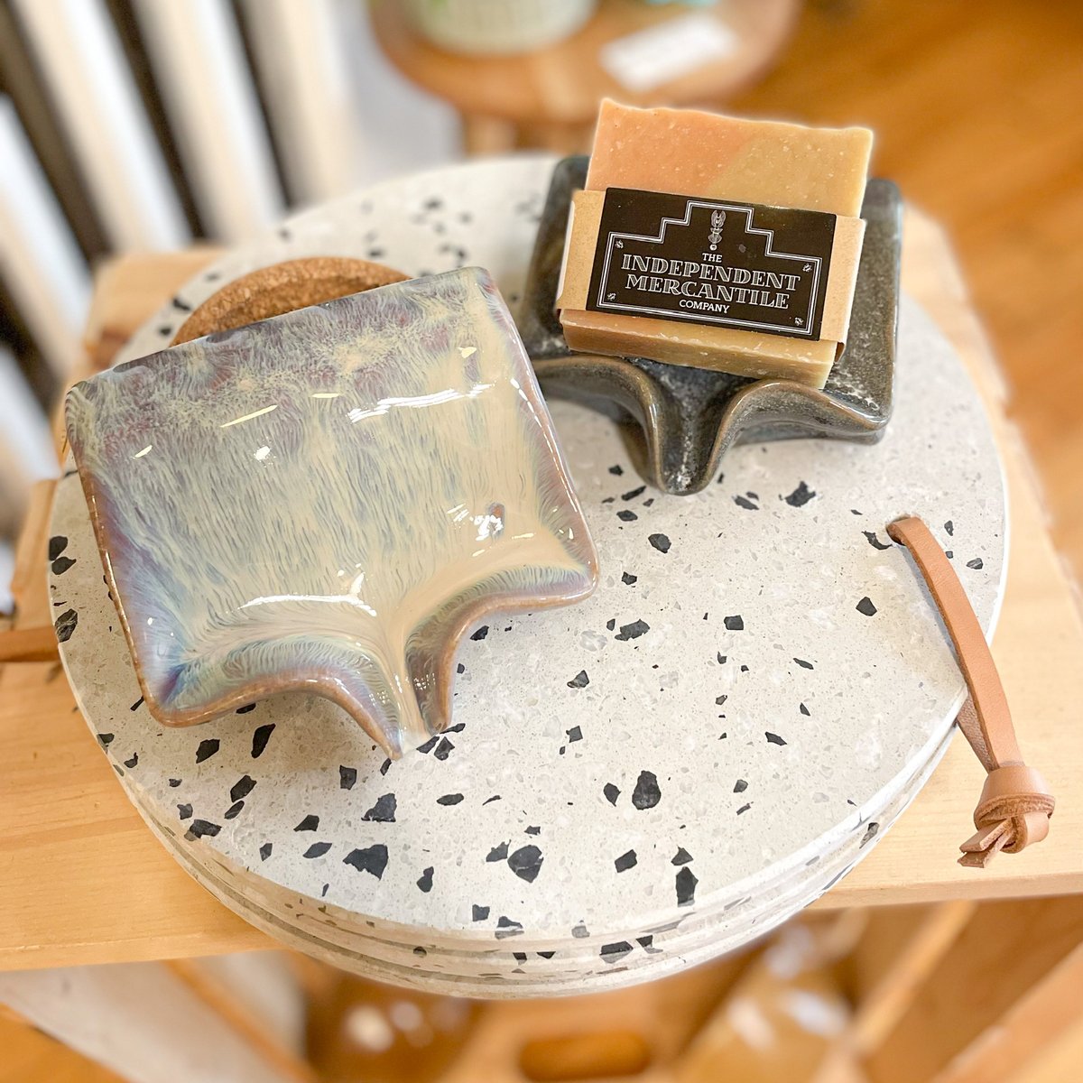 New ceramic glazed soap dishes have a smart little drainage spout..no soggy soaps for us.