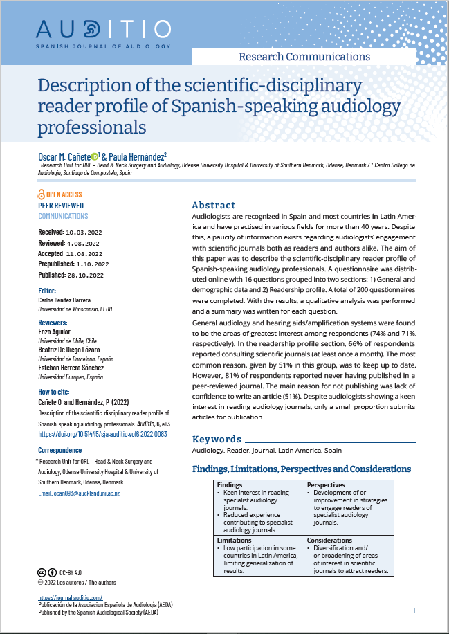 auditioSJA's tweet photo. We have published a new article: Cañete &amp; Hernandez (2022), "Description of the scientific-disciplinary
reader profile of Spanish-speaking audiology
professionals"
https://t.co/0RuSoRuQeQ https://t.co/9VadlqSgdp