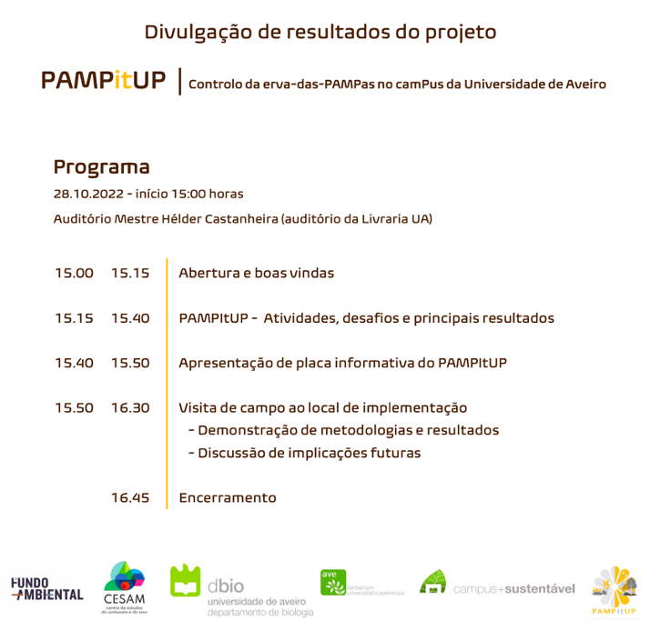 anaifsousa's tweet photo. 📢HOJE - 15h -🌾Projeto PAMPitUP - Apresentação de resultados do projeto, aprendizagens e reflexão
📍@UnivAveiro - Auditório Mestre Hélder Castanheira (junto à Livraria UA📚)
✅Apareçam! #ervadaspampas #conservação #gestão #Cortaderiaselloana #DBio #CESAM #UA https://t.co/XBlDdFYTME