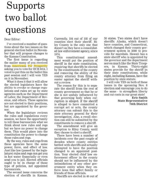 Check out this great OpEd from Rep. Eric Smith in the Coffey County Republican Newspaper to hear more about Question 1 HCR 5014 and why it's so important for Kansas to vote YES November 8th!  #ksleg #sayyeskansas #voteyes #vote
