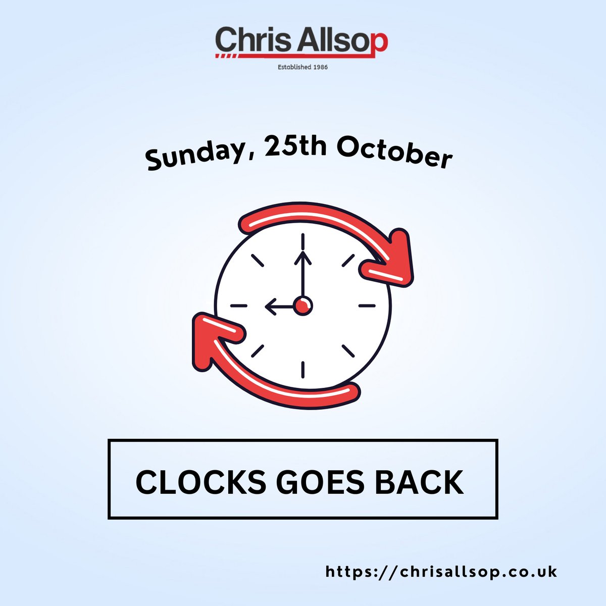 Daylight saving time ends at 2AM on Sunday, so don't forget to set your clocks back one hour ⏰💤😄

🏗️ chrisallsop.co.uk 

#clockchange #timechange #autumn #chrisallsop #nottingham #eastmidlands #cranehire #reminder #share #industrialservices #bestservices