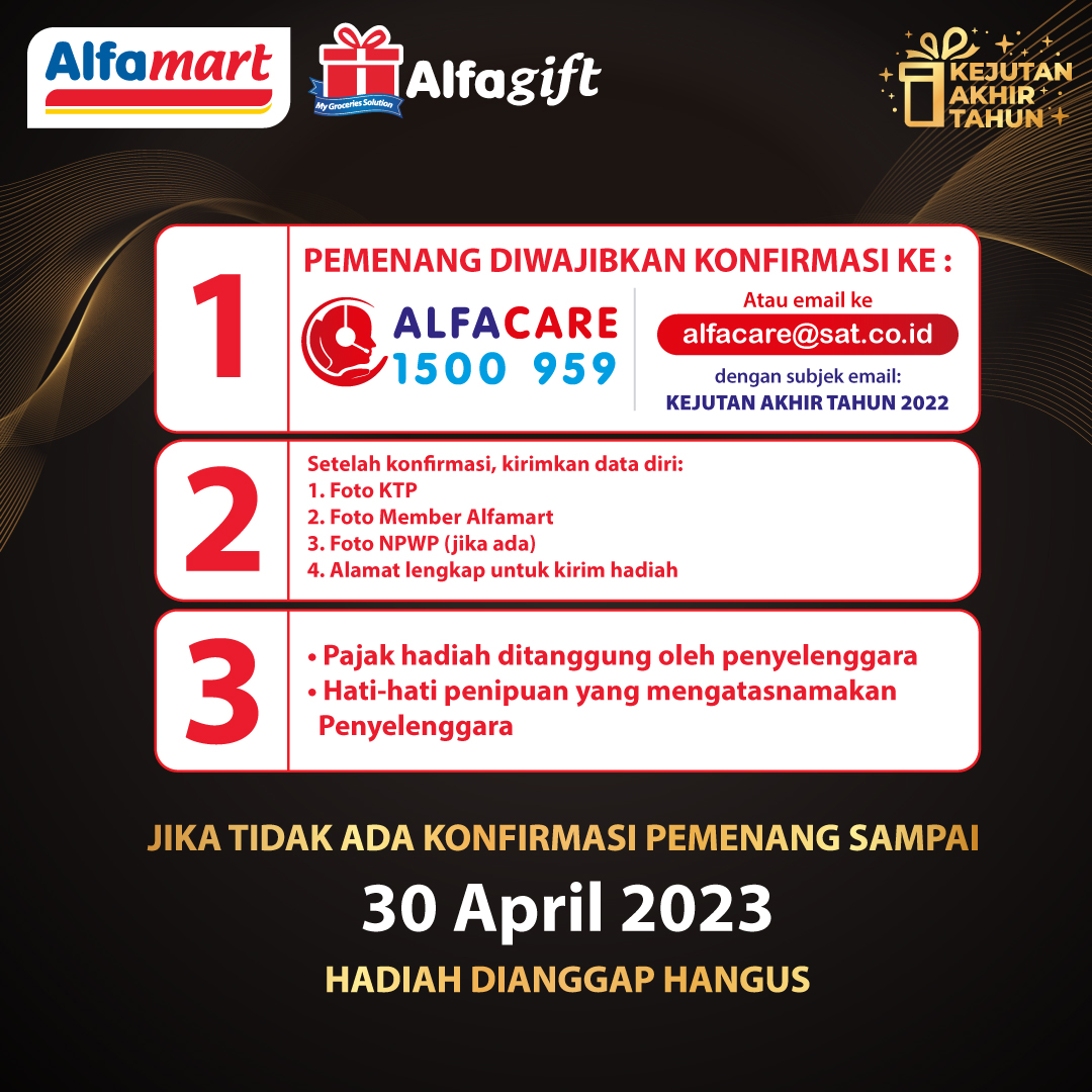 alfamart's tweet photo. 📣📣PENGUMUMAN!!😎⁣

SELAMAT kepada pemenang yang sudah berpartisipasi dalam Program Kejutan Akhir Tahun Alfamart Minggu Pertama 
⁣⁣
Segera konfirmasi melalui ALFA CARE di 1500 959⁣ atau ke alfacare@sat.co.id maks 30 April 2023 sesuai dengan ketentuan terlampir pada gambar ya https://t.co/LOXzj9x9YN