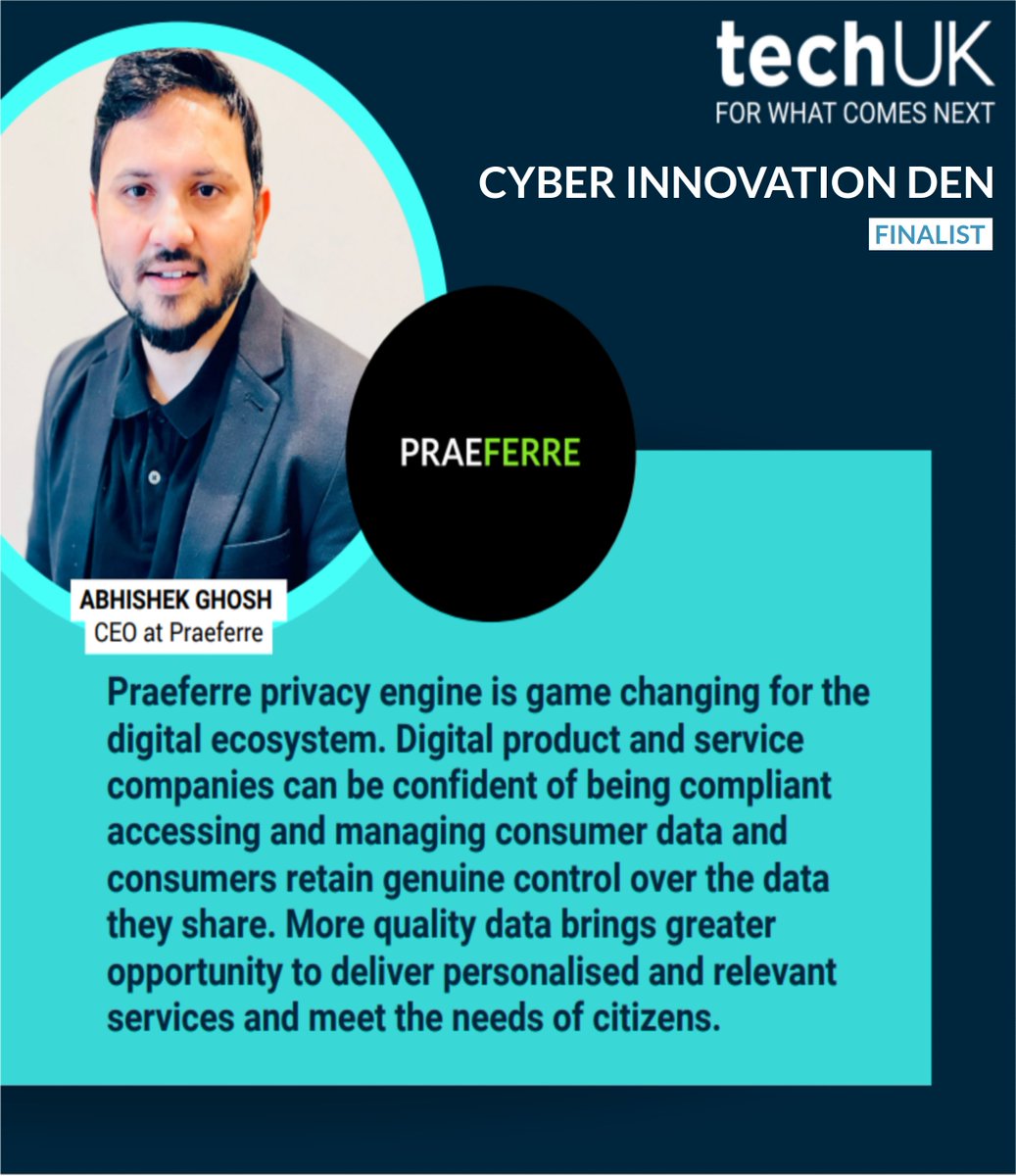 praeferre's tweet image. 🎉 Excited to share that we are among the finalists for 2022 @techuk Cyber Innovation Den.

Please join us to learn more about how @praeferre is contributing to data democratisation in the global privacy landscape.

Register here to attend 👉 techuk.org/cyber.../pitch…

#Cyber2022