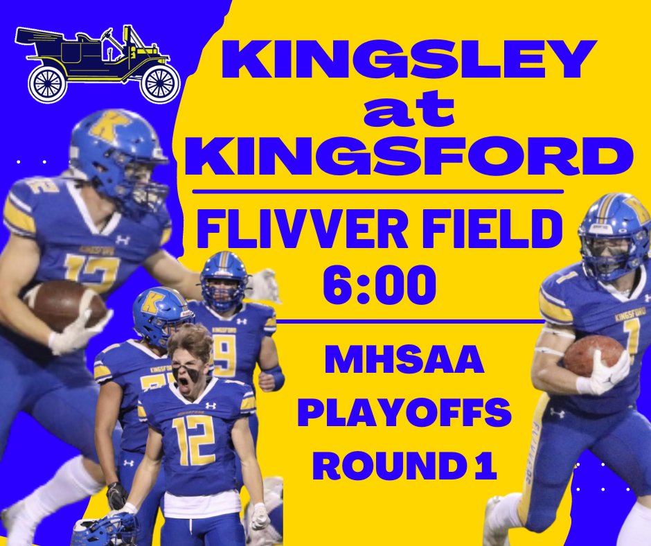 FlivverFootball (@flivverf) on Twitter photo It's GAMEDAY!!!
MHSAA Playoffs Round 1
Region 1; District 1
#3 <a href="/KASAthletics/">Kingsley Athletics</a> at #2 Kingsford
Flivver Field- 6:00p.m. Central
<a href="/MichFBFrenzy/">Michigan Prep Frenzy</a> @goosepoop_fball <a href="/Snooze2you/">Snooze2you</a> <a href="/JackHall600/">Jack Hall</a> @Local3SportsZn <a href="/wluctv6/">TV6 & FOX UP</a> <a href="/ABC10UPSports/">ABC 10 UP Sports</a> It's GAMEDAY!!!
MHSAA Playoffs Round 1
Region 1; District 1
#3 <a href="/KASAthletics/">Kingsley Athletics</a> at #2 Kingsford
Flivver Field- 6:00p.m. Central
<a href="/MichFBFrenzy/">Michigan Prep Frenzy</a> @goosepoop_fball <a href="/Snooze2you/">Snooze2you</a> <a href="/JackHall600/">Jack Hall</a> @Local3SportsZn <a href="/wluctv6/">TV6 & FOX UP</a> <a href="/ABC10UPSports/">ABC 10 UP Sports</a>