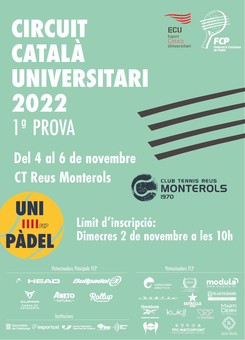 EsportsUB's tweet photo. #Pàdel | 🎾 T'agrada el pàdel? Vols competir amb la @UniBarcelona al circuit #Unipadel de la @FCatalanaPadel?
📆 4 - 6 de novembre de 2022
📍 CT Reus Monterols
Informació: https://t.co/qUh67OnlBj
@esportcatuni #esportuniversitari #CCU23 https://t.co/prWcvfVW2B