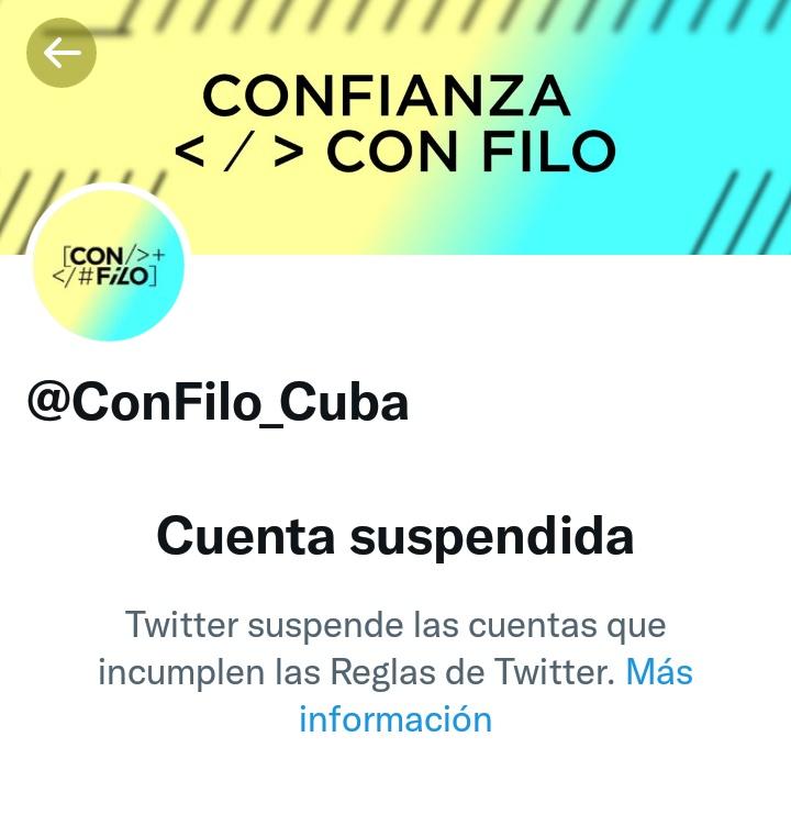 Triste ver como la cuenta de @ConFilo_Cuba ha sido 'suspendida' por el simple hecho de defender la verdad de #Cuba.

Seguiremos el camino trazado por #ConFilo.

#BloqueoDigitalVsCuba 
#LaVerdadEsNuestraBandera