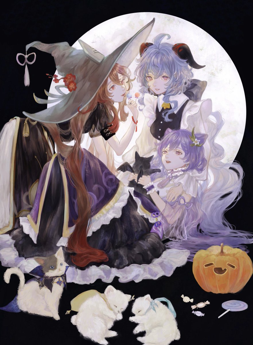 ganyu (genshin impact) ,hu tao (genshin impact) ,keqing (genshin impact) multiple girls 3girls cat hat witch hat halloween long hair  illustration images