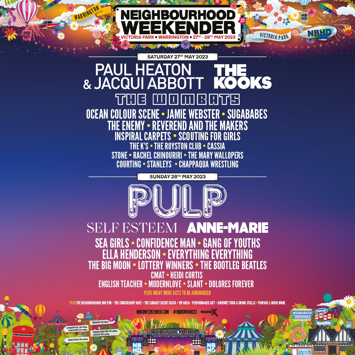 NEW: First wave of your Neighbourhood Weekender (@nbhdweekender) 2023 line-up is here!! 💥 @PaulHeatonSolo, @thekooksmusic, @SELFESTEEM___, @thekooksmusic, @OCSmusic, @Sugababes & more! Tickets go on sale Friday 4th Set an event reminder at bit.ly/3W4Kfct