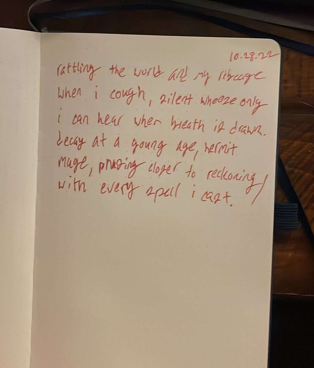 literallyNFT's tweet photo. rattling the world and my rib cage when i cough, silent wheeze only i can hear when breath is drawn. decay at a young age, hermit mage, phasing closer to reckoning / with every spell i cast. https://t.co/Dzr3MdtUAc