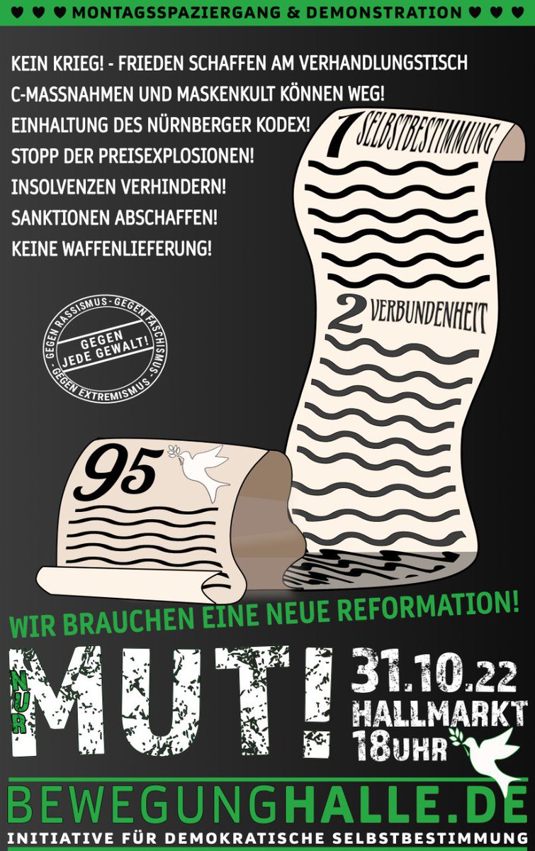 Bewegung_Halle's tweet photo. Am 31.10.22 in Halle (Saale) - #Reformationstag: Lasst uns zusammen stehen gegen die #Sanktionspolitik, die unsere #Existenz zerstört. Unserer Wirtschaft ist in Gefahr! Schließt euch an, zeigt Mut und erscheint zahlreich! #HalleSaale #Hallmarkt #BWH https://t.co/F2oZMttg0e