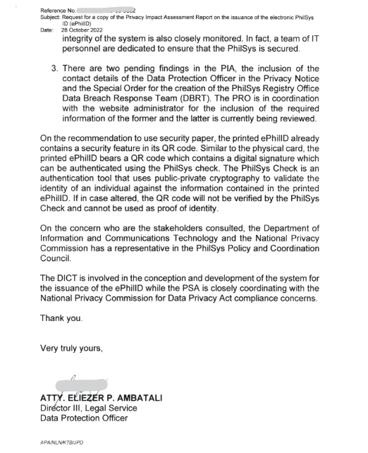 BantayData's tweet photo. Update: @PSAgovph responded! While I appreciate the reply, it does seem that printing on ordinary paper (from which multiple copies can be made) did not raise potential identity theft issues.🤔

Sending patience your way if you're still waiting for your (real, secure) PhilSys ID! https://t.co/SpHnjcEkwJ