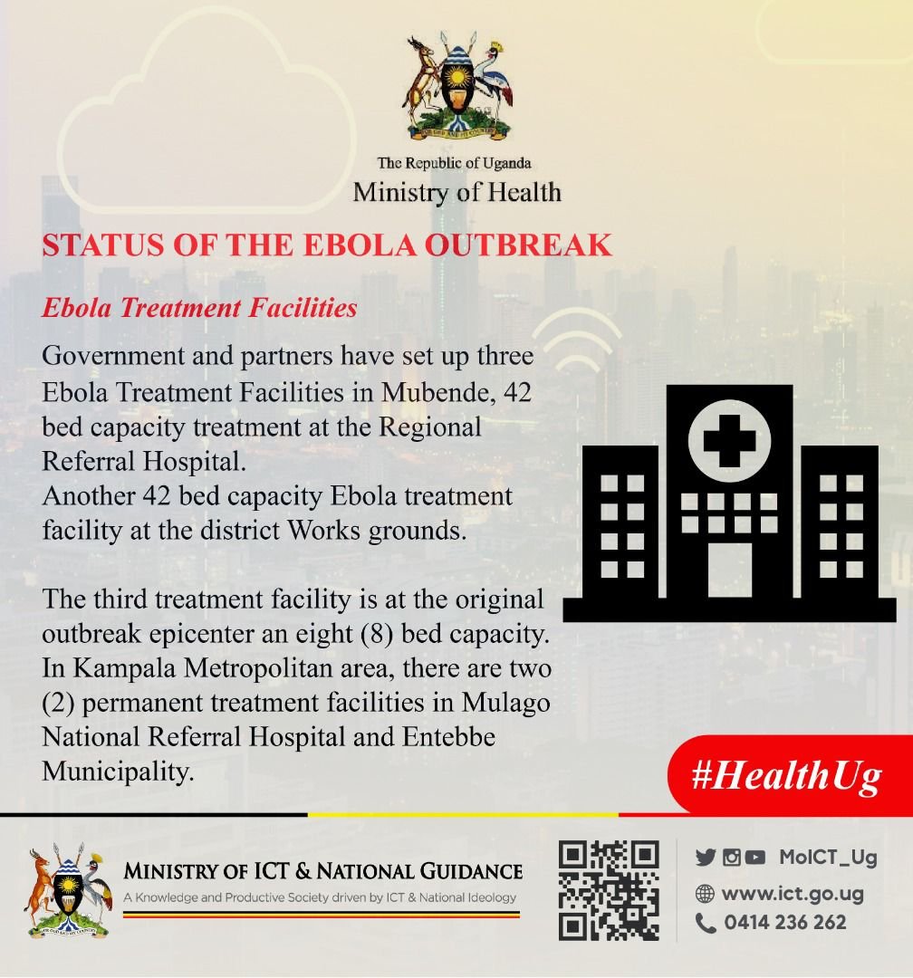 Mubende District: Government and partners have set up three Ebola treatment facilities in Mubende district. These facilities are in Mubende Regional Referral Hospital. @MinofHealthUG @UgandaMediaCent @MoICT_Ug @GovUganda @JaneRuth_Aceng @DianaAtwine @EdwardGEN256 #HealthUg