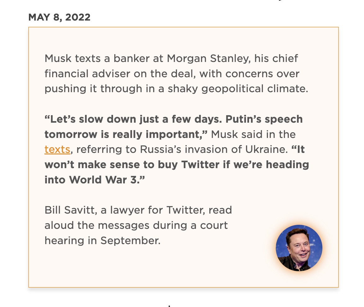 'It won't make sense to buy Twitter if we're heading into World War 3.' @elonmusk told his bankers on 8th May, 2022. So, have WW3 possibilities been eradicated? 🤔 Source: @NPR