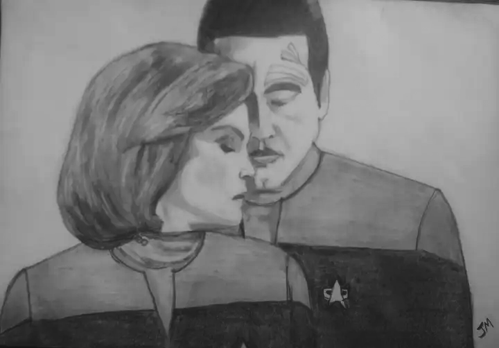 SweetJeanninee's tweet photo. Day 28 J/C fanart:
Posted this a while back; I love drawing J/C.
Except @robertbeltran74 lips. They are really hard, erasing and starting over several times. They're just LOVELY in real life, but impossible to draw! 😂😂👄👄
#31daysofjc
#StarTrekVoyager https://t.co/Ivp9ZETZ7V