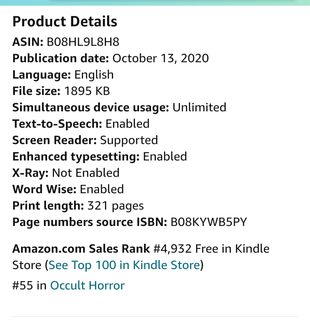 Thanks to you all, Grim Fate is currently sitting at #55 for free Kindle Occult Horror. Remember, this book and Syndrome are free through Halloween. Get your copy now! Let's see if we can get it even higher on the list.