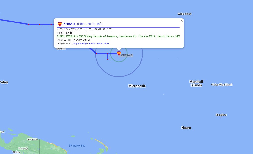 Still flying since #JOTAJOTI 2022, you can find a balloon launched by the Sam Houston Council operating as K2BSA/5 aprs.fi/#!mt=roadmap&z… #hamradio #scouting