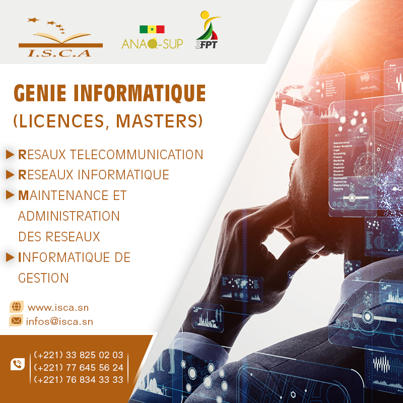 IscaDakar's tweet photo. [#RENTREE#Mars 2022]
Vous êtes élèves, bachelier(e)s ou étudiant(e)s et vous êtes intéressés par l'informatique. La filière GENIE INFORMATIQUE est pour vous!
Pour plus d'informations, appelez-nous au +221 33 825 02 03/ +221 77 499 95 95/ +221 76 834 33 33. https://t.co/QQZNdfyUMo